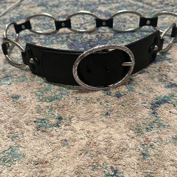Brighton Black Leather Silver Large Chain Loop Belt Size 34